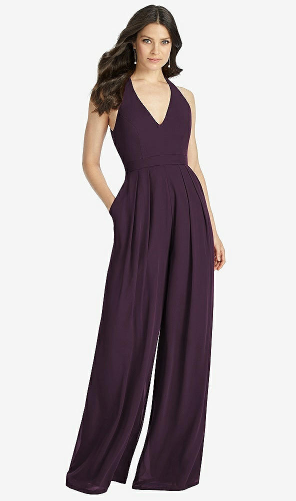 【STYLE: 3046】V-Neck Backless Pleated Front Jumpsuit【COLOR: Aubergine】