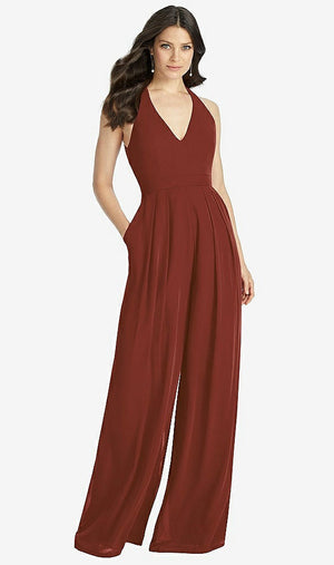 【STYLE: 3046】V-Neck Backless Pleated Front Jumpsuit【COLOR: Auburn Moon】
