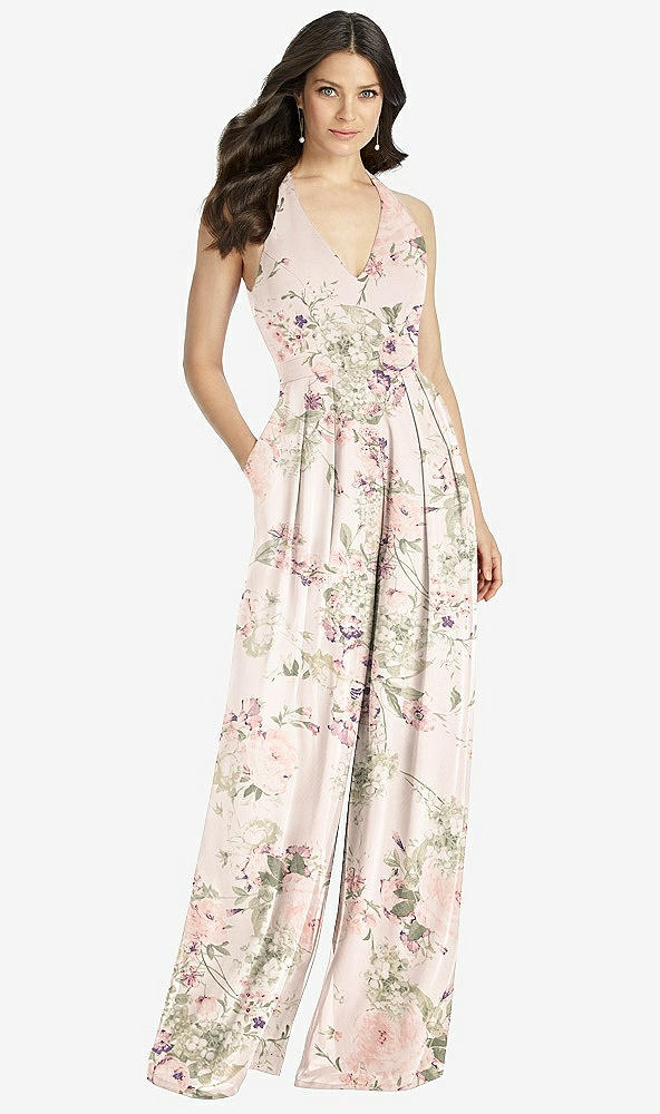 【NEW】【STYLE: 3046】Vネック バックレス プリーツ フロント ジャンプスーツ【COLOR: Blush Garden】【SIZE: 00-30W】
