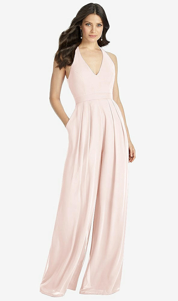 【STYLE: 3046】V-Neck Backless Pleated Front Jumpsuit【COLOR: Blush】