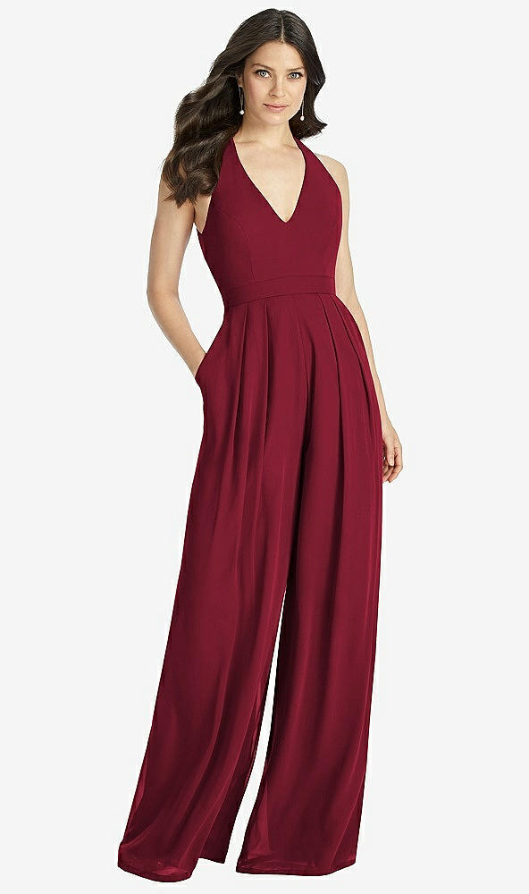 【STYLE: 3046】V-Neck Backless Pleated Front Jumpsuit【COLOR: Burgundy】