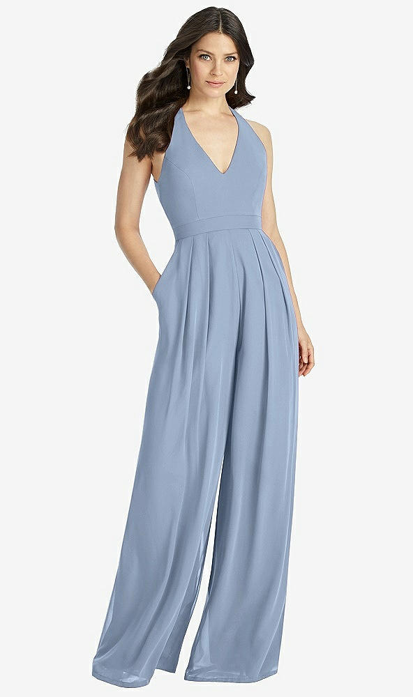 【STYLE: 3046】V-Neck Backless Pleated Front Jumpsuit【COLOR: Cloudy】