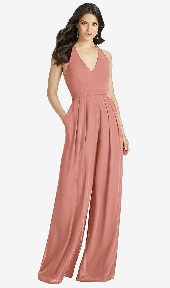 【STYLE: 3046】V-Neck Backless Pleated Front Jumpsuit【COLOR: Desert Rose】