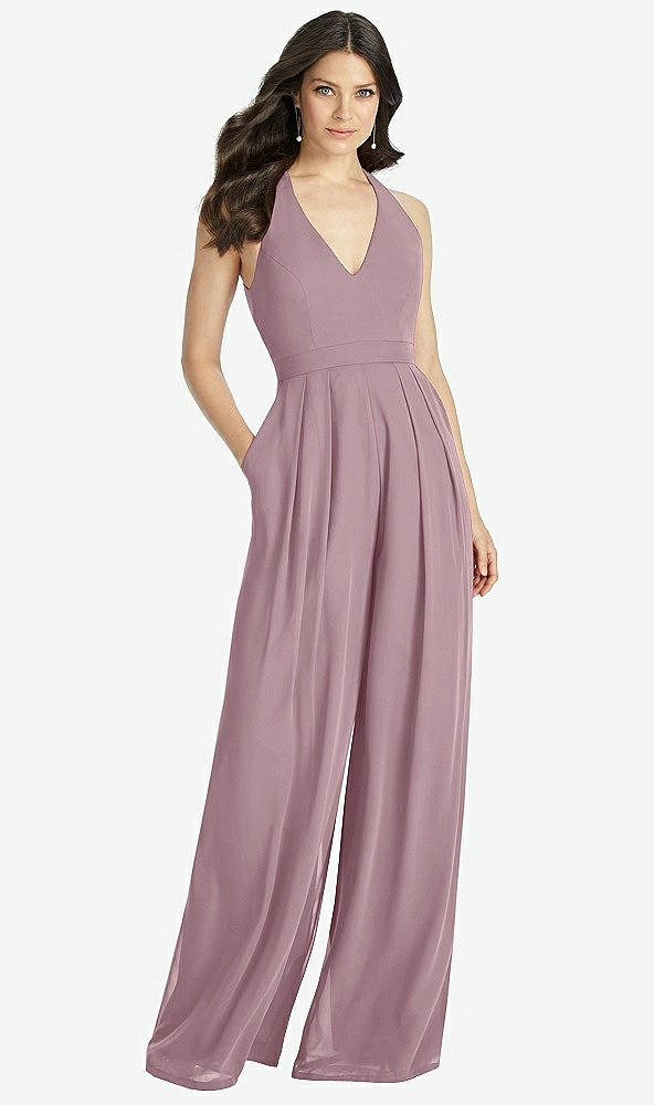【STYLE: 3046】V-Neck Backless Pleated Front Jumpsuit【COLOR: Dusty Rose】