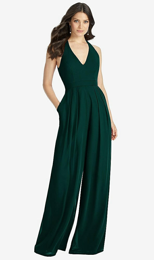 【NEW】【STYLE: 3046】Vネック バックレス プリーツ フロント ジャンプスーツ【COLOR: Evergreen】【SIZE: 00-30W】