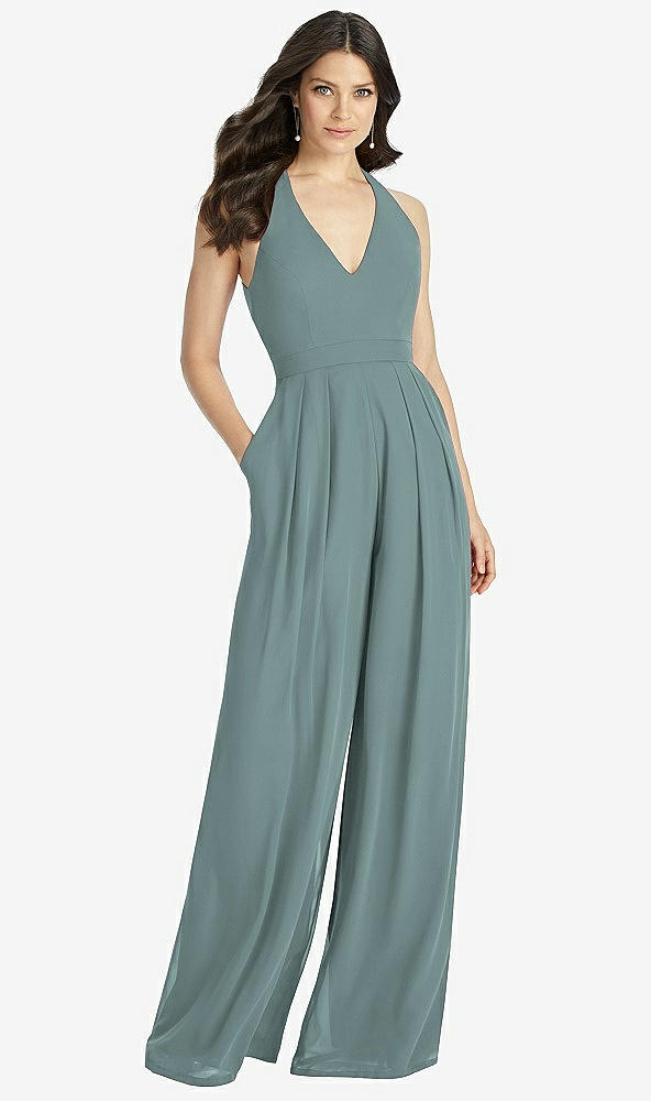 【STYLE: 3046】V-Neck Backless Pleated Front Jumpsuit【COLOR: Icelandic】