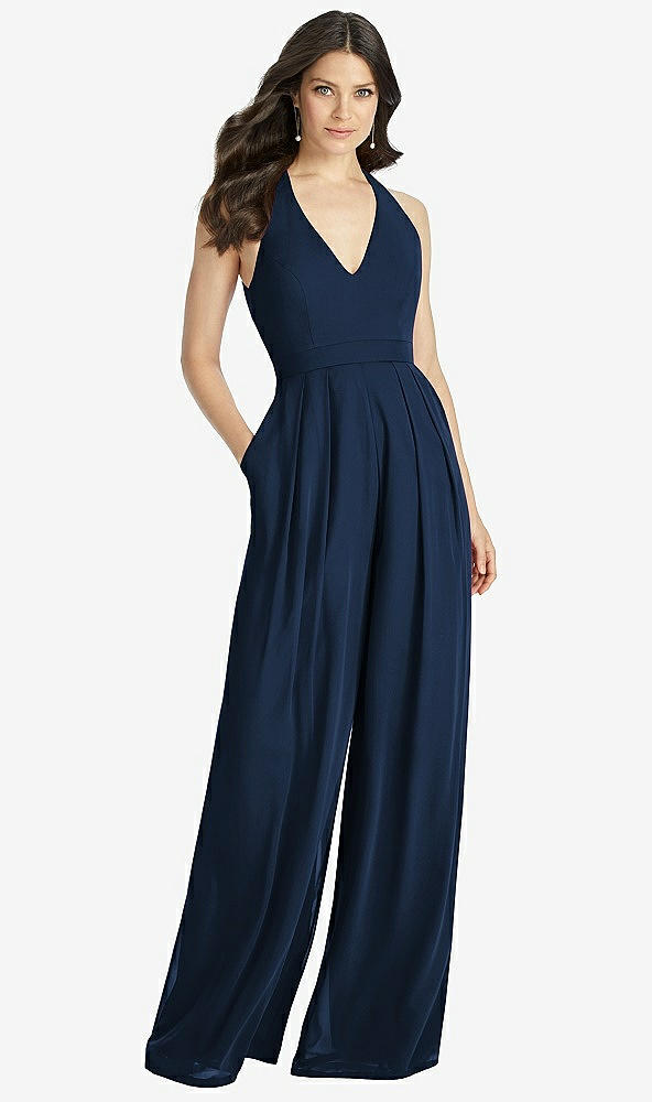 【STYLE: 3046】V-Neck Backless Pleated Front Jumpsuit【COLOR: Midnight Navy】