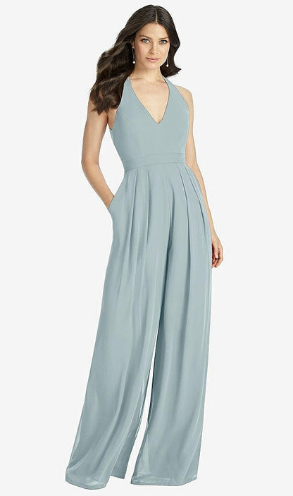 【STYLE: 3046】V-Neck Backless Pleated Front Jumpsuit【COLOR: Morning Sky】