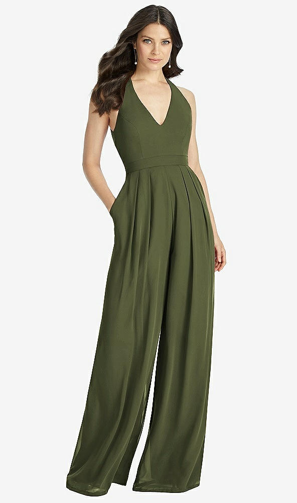 【STYLE: 3046】V-Neck Backless Pleated Front Jumpsuit【COLOR: Olive Green】