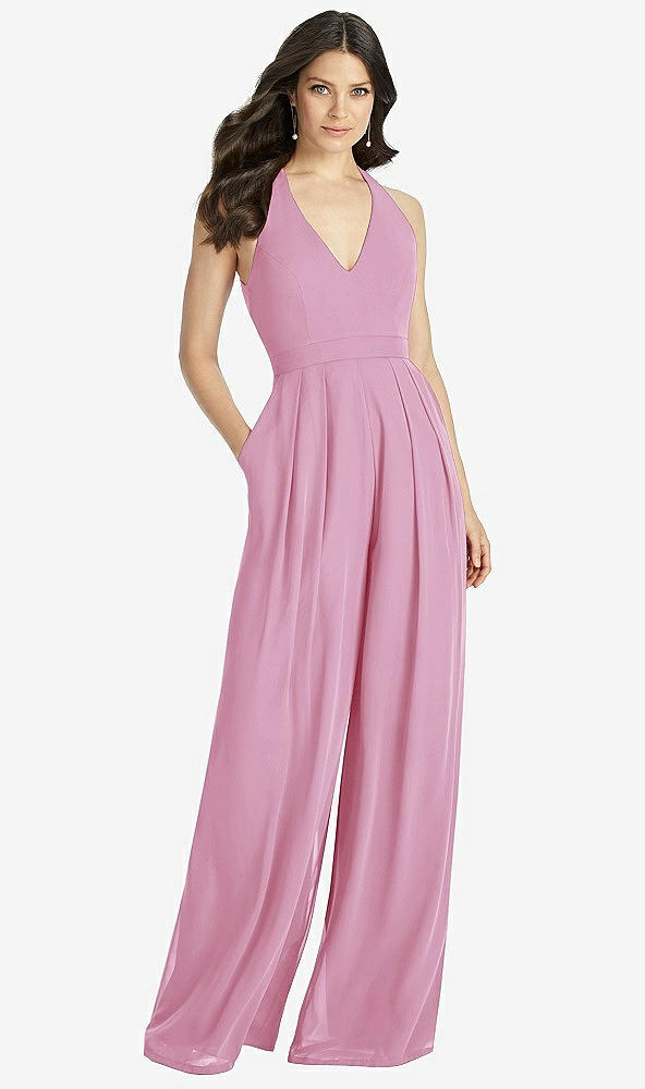 【STYLE: 3046】V-Neck Backless Pleated Front Jumpsuit【COLOR: Powder Pink】