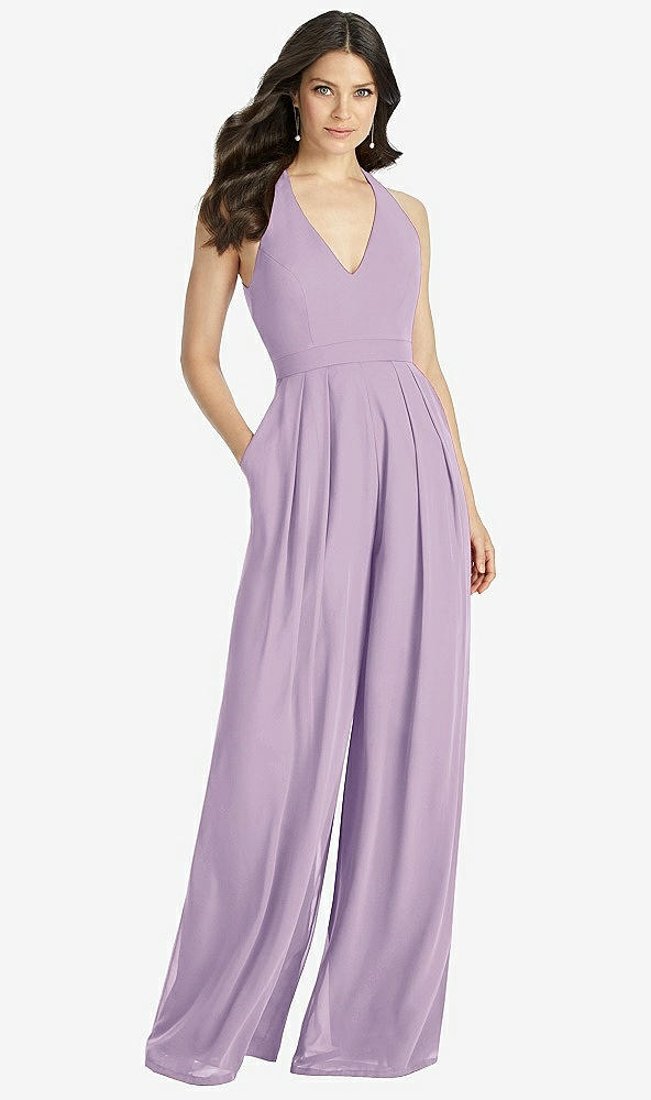 【STYLE: 3046】V-Neck Backless Pleated Front Jumpsuit【COLOR: Pale Purple】