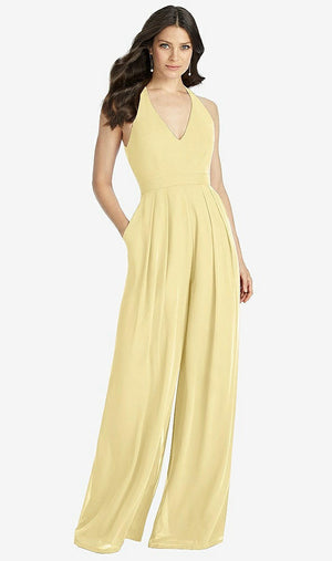 【STYLE: 3046】V-Neck Backless Pleated Front Jumpsuit【COLOR: Pale Yellow】