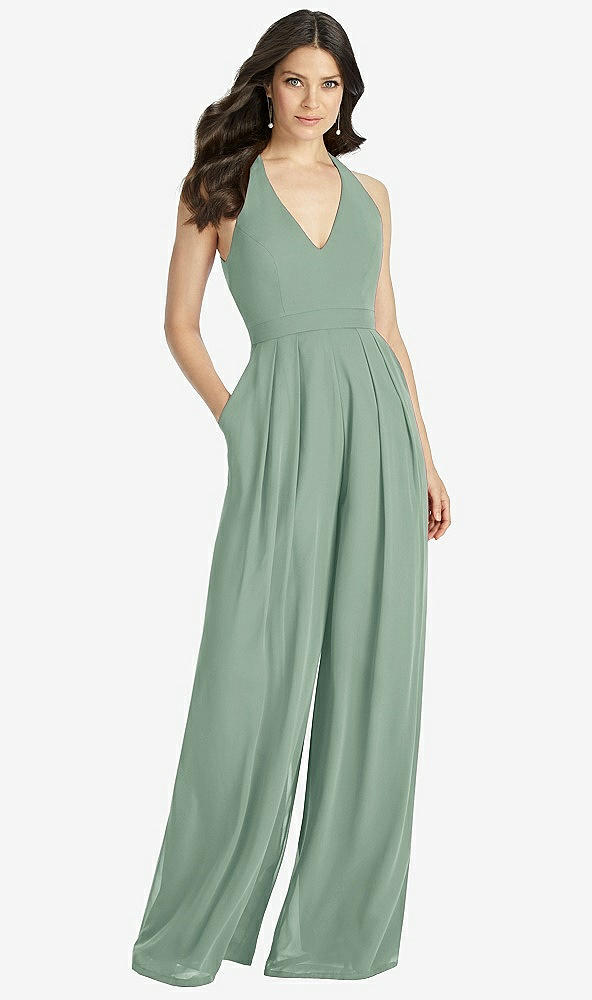 【STYLE: 3046】V-Neck Backless Pleated Front Jumpsuit【COLOR: Seagrass】