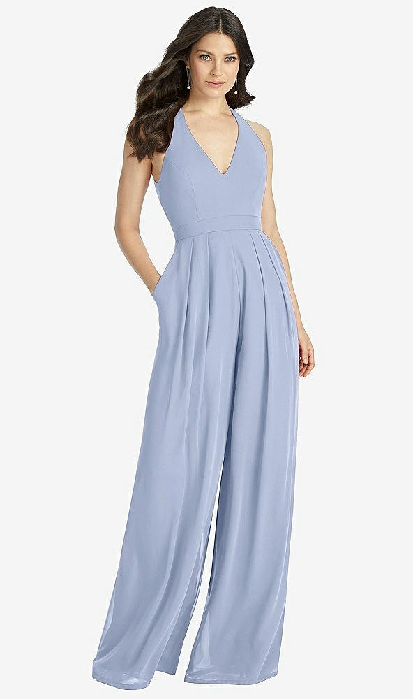 【STYLE: 3046】V-Neck Backless Pleated Front Jumpsuit【COLOR: Sky Blue】