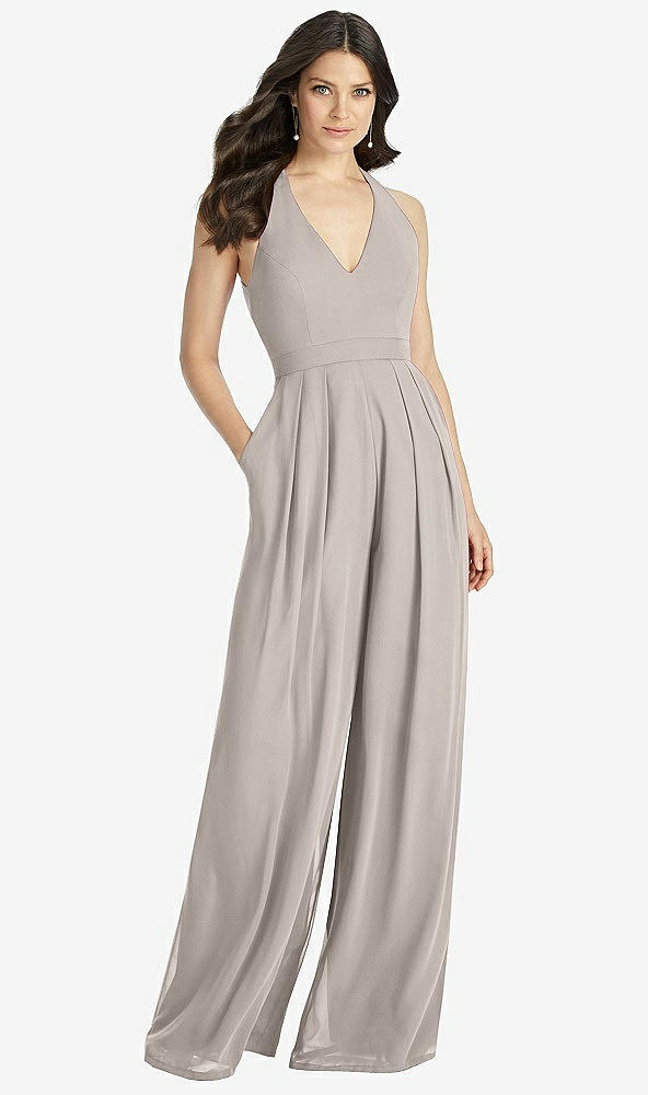 【STYLE: 3046】V-Neck Backless Pleated Front Jumpsuit【COLOR: Taupe】