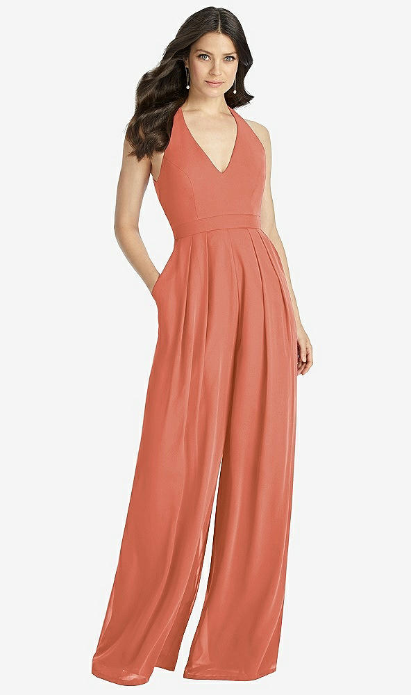 【STYLE: 3046】V-Neck Backless Pleated Front Jumpsuit【COLOR: Terracotta Copper】
