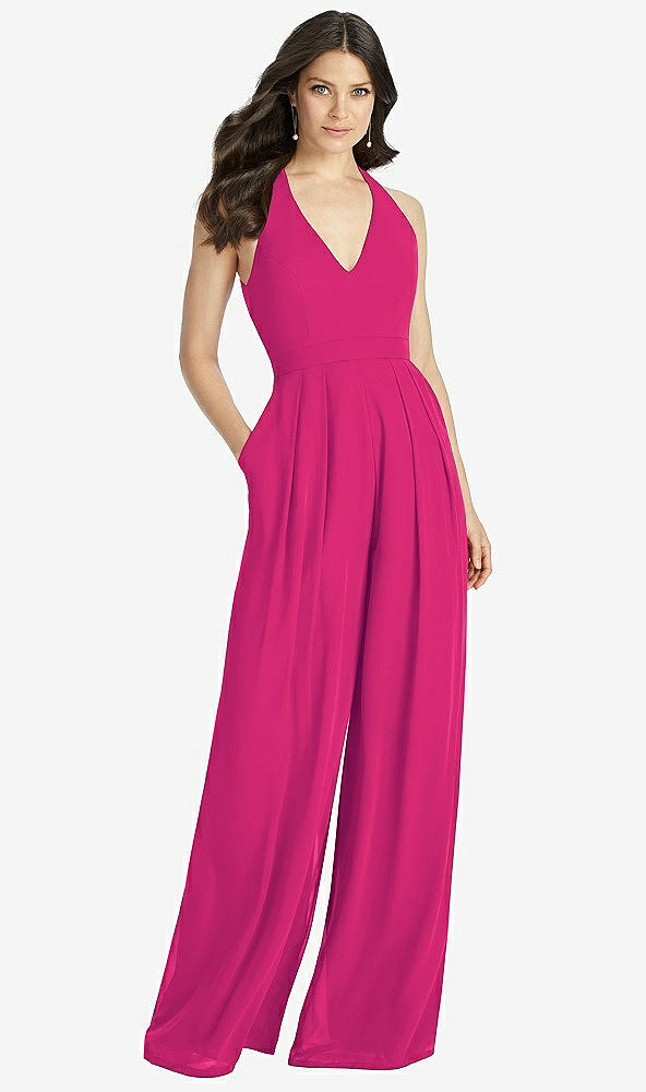 【STYLE: 3046】V-Neck Backless Pleated Front Jumpsuit【COLOR: Think Pink】