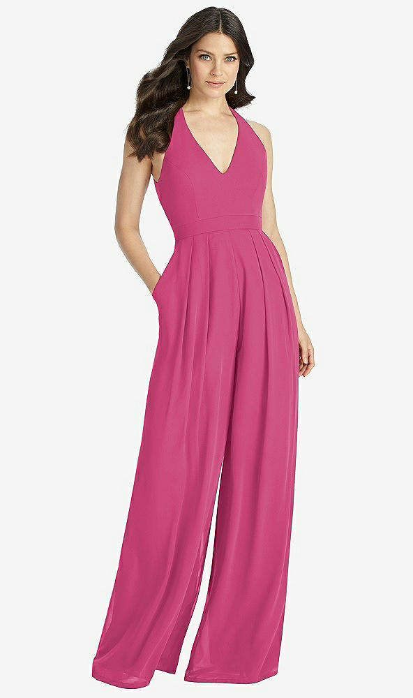 【STYLE: 3046】V-Neck Backless Pleated Front Jumpsuit【COLOR: Tea Rose】