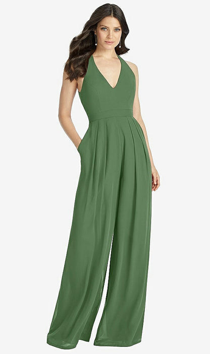 【STYLE: 3046】V-Neck Backless Pleated Front Jumpsuit【COLOR: Vineyard Green】