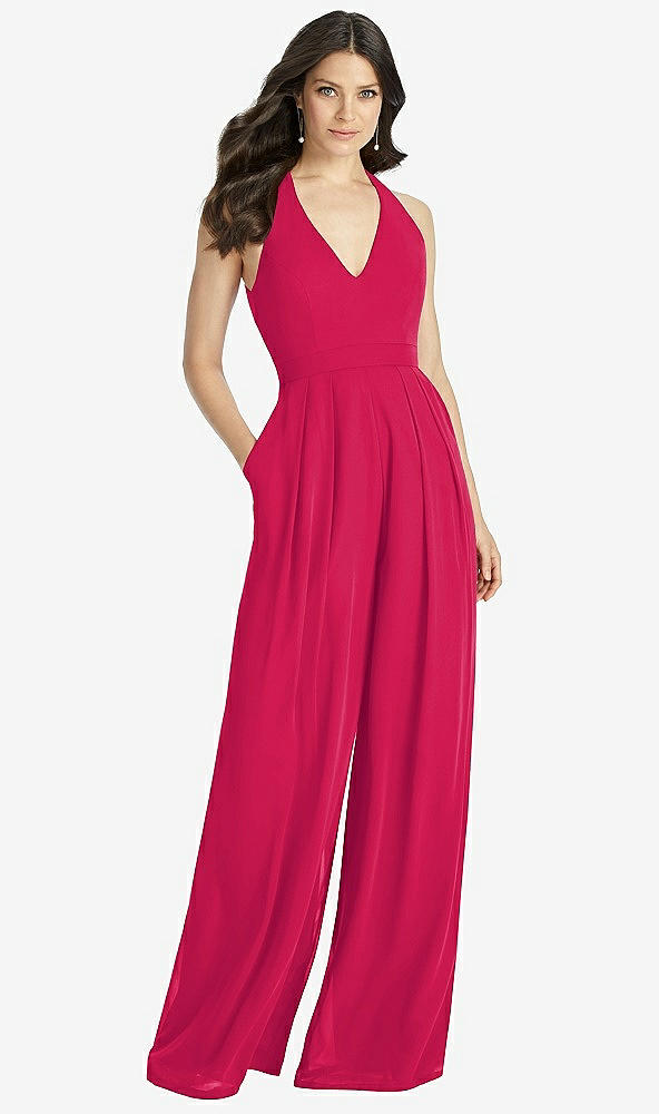 【STYLE: 3046】V-Neck Backless Pleated Front Jumpsuit【COLOR: Vivid Pink】