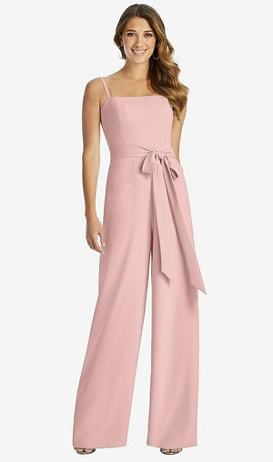 【STYLE: 3045】Spaghetti Strap Crepe Jumpsuit with Sash - Alana 【COLOR: Rose - PANTONE Rose Quartz】