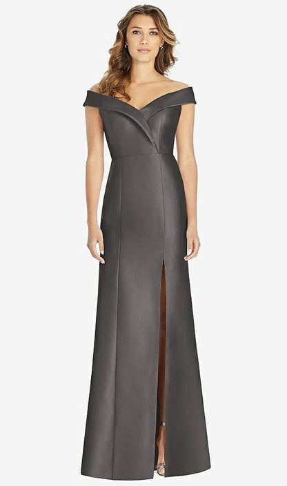 【STYLE: D760】Off-the-Shoulder Cuff Trumpet Gown with Front Slit【COLOR: Caviar Gray】