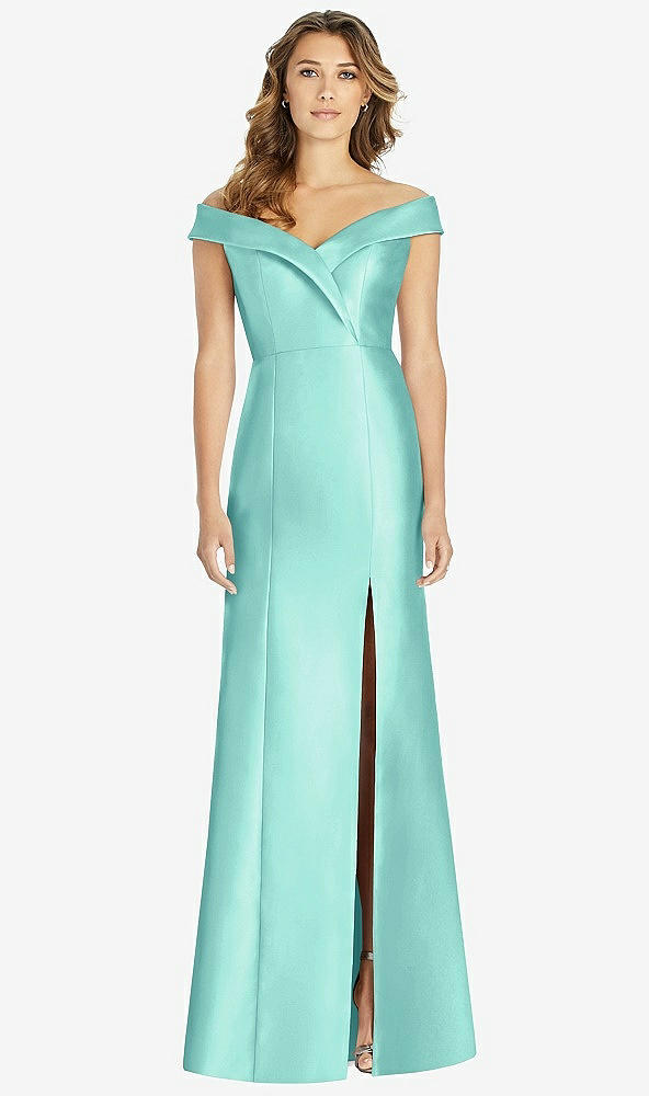 【STYLE: D760】Off-the-Shoulder Cuff Trumpet Gown with Front Slit【COLOR: Coastal】