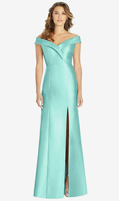 【STYLE: D760】Off-the-Shoulder Cuff Trumpet Gown with Front Slit【COLOR: Coastal】