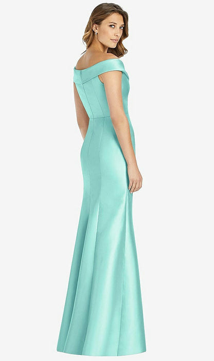 【STYLE: D760】Off-the-Shoulder Cuff Trumpet Gown with Front Slit【COLOR: Coastal】