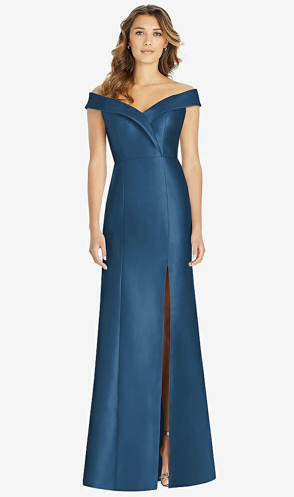 【STYLE: D760】Off-the-Shoulder Cuff Trumpet Gown with Front Slit【COLOR: Dusk Blue】