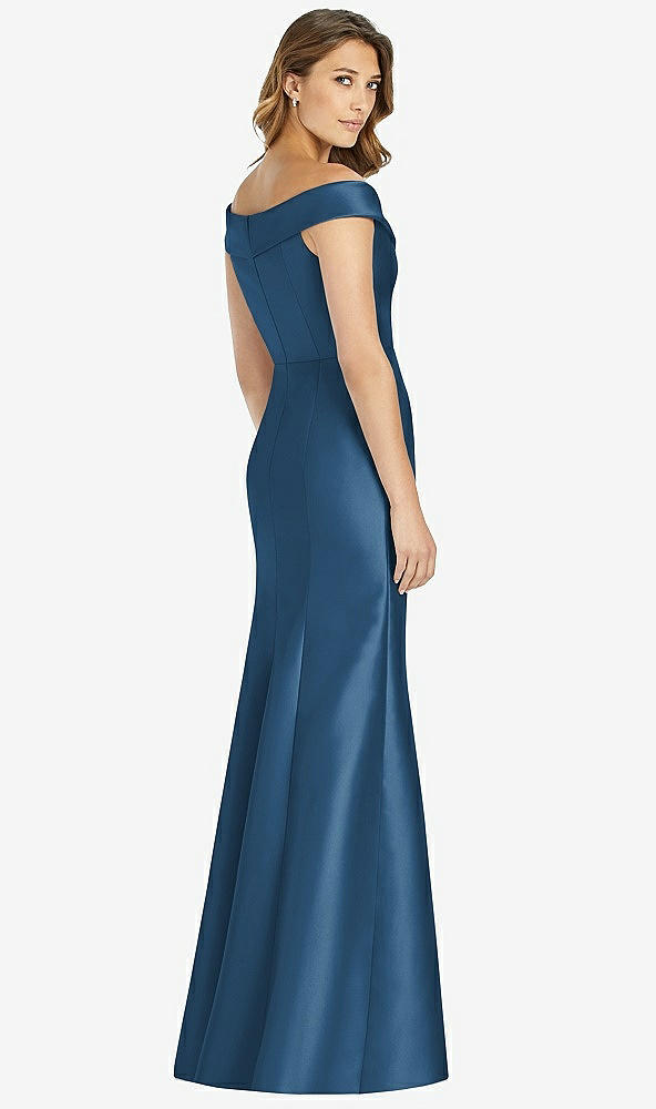 【STYLE: D760】Off-the-Shoulder Cuff Trumpet Gown with Front Slit【COLOR: Dusk Blue】