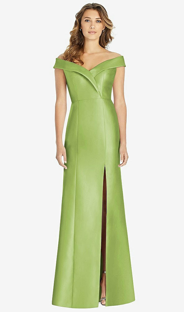 【STYLE: D760】Off-the-Shoulder Cuff Trumpet Gown with Front Slit【COLOR: Mojito】