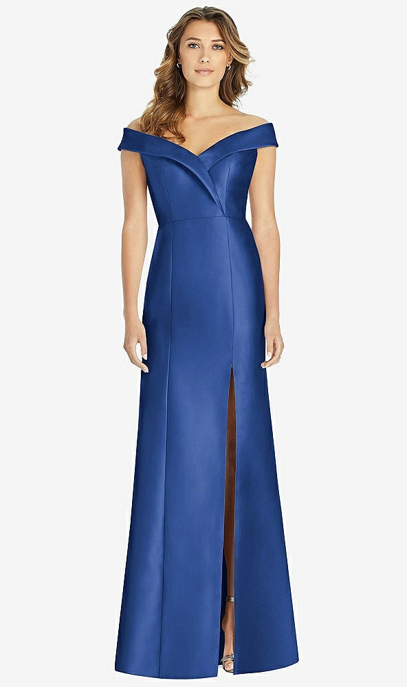 【STYLE: D760】Off-the-Shoulder Cuff Trumpet Gown with Front Slit【COLOR: Classic Blue】