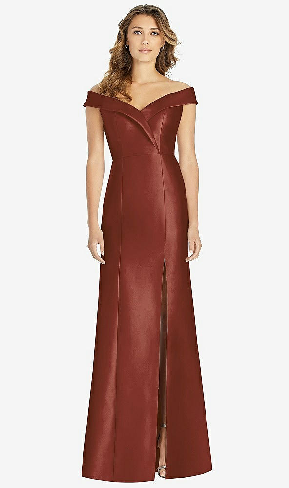 【STYLE: D760】Off-the-Shoulder Cuff Trumpet Gown with Front Slit【COLOR: Auburn Moon】
