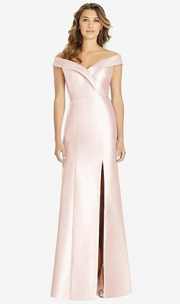 【STYLE: D760】Off-the-Shoulder Cuff Trumpet Gown with Front Slit【COLOR: Blush】
