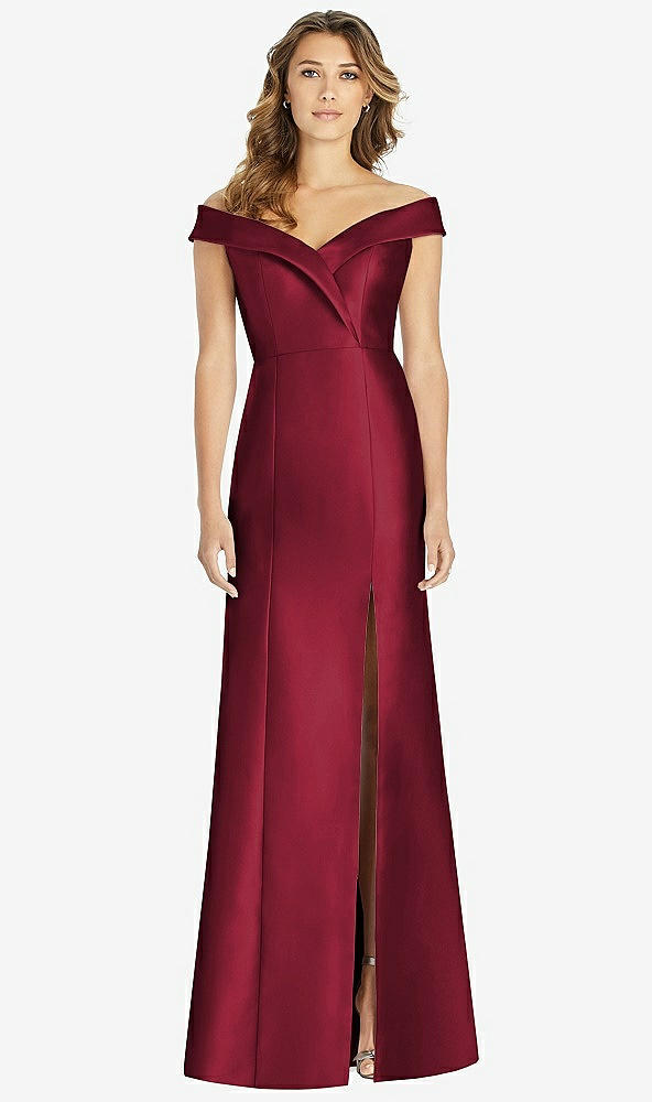 【STYLE: D760】Off-the-Shoulder Cuff Trumpet Gown with Front Slit【COLOR: Burgundy】