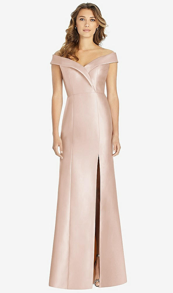 【STYLE: D760】Off-the-Shoulder Cuff Trumpet Gown with Front Slit【COLOR: Cameo】