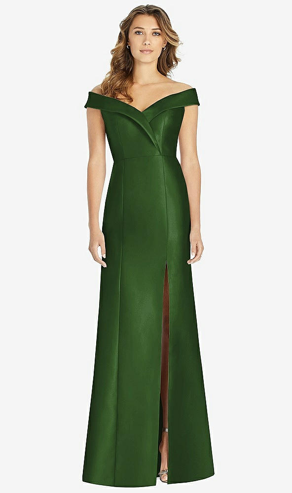 【STYLE: D760】Off-the-Shoulder Cuff Trumpet Gown with Front Slit【COLOR: Celtic】