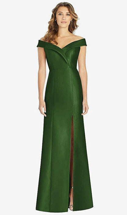 【STYLE: D760】Off-the-Shoulder Cuff Trumpet Gown with Front Slit【COLOR: Celtic】
