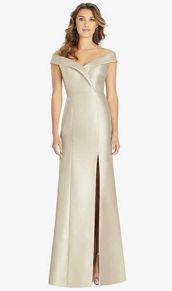 【STYLE: D760】Off-the-Shoulder Cuff Trumpet Gown with Front Slit【COLOR: Champagne】