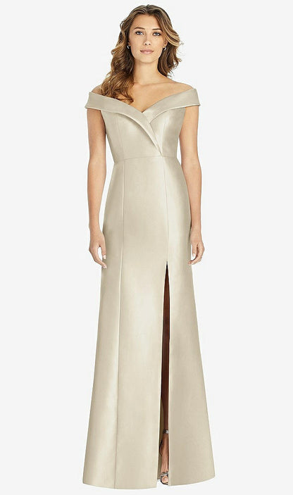 【STYLE: D760】Off-the-Shoulder Cuff Trumpet Gown with Front Slit【COLOR: Champagne】