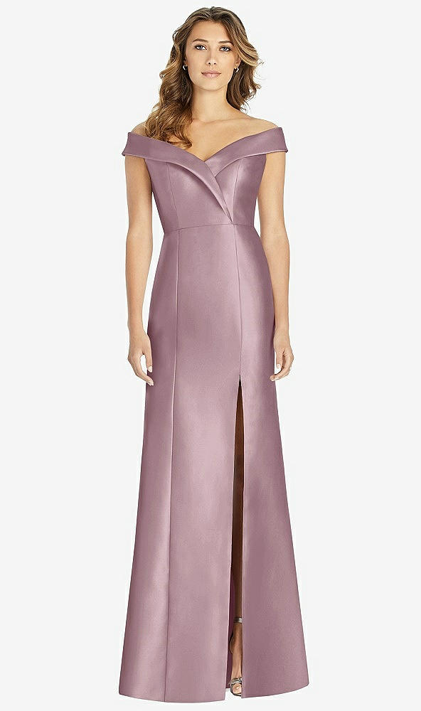 【STYLE: D760】Off-the-Shoulder Cuff Trumpet Gown with Front Slit【COLOR: Dusty Rose】