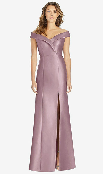 【STYLE: D760】Off-the-Shoulder Cuff Trumpet Gown with Front Slit【COLOR: Dusty Rose】