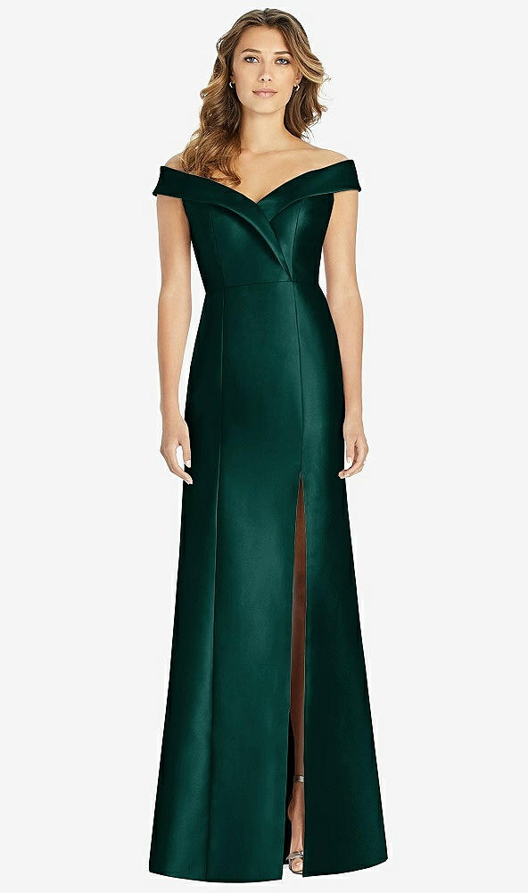 【STYLE: D760】Off-the-Shoulder Cuff Trumpet Gown with Front Slit【COLOR: Evergreen】