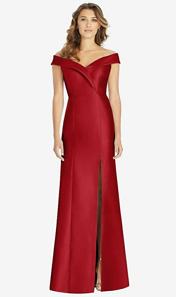 【STYLE: D760】Off-the-Shoulder Cuff Trumpet Gown with Front Slit【COLOR: Garnet】