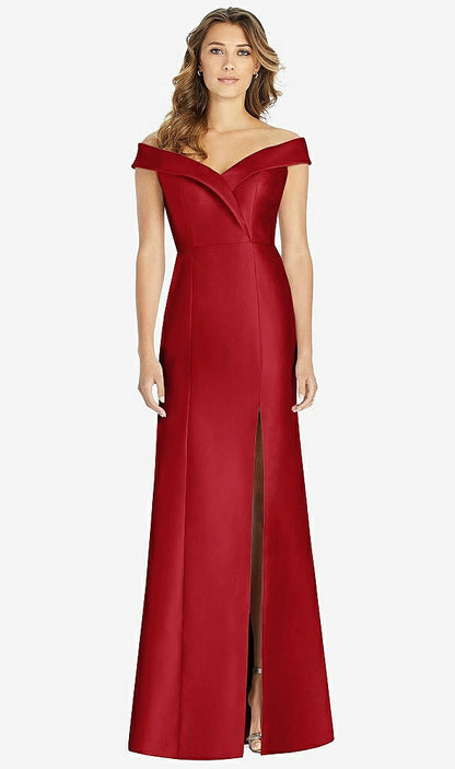 【STYLE: D760】Off-the-Shoulder Cuff Trumpet Gown with Front Slit【COLOR: Garnet】