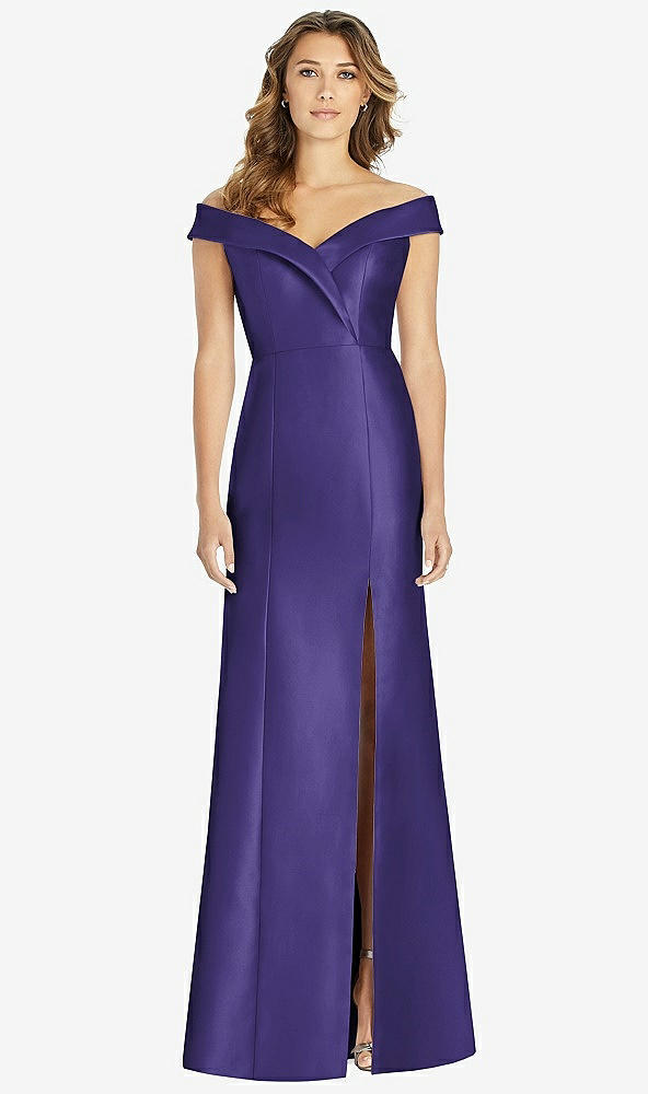 【STYLE: D760】Off-the-Shoulder Cuff Trumpet Gown with Front Slit【COLOR: Grape】