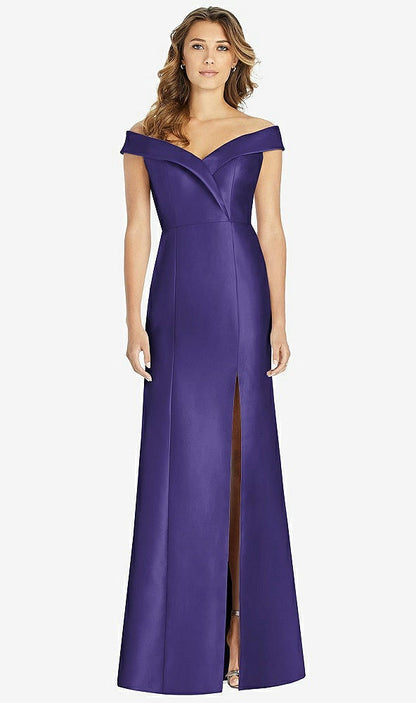 【STYLE: D760】Off-the-Shoulder Cuff Trumpet Gown with Front Slit【COLOR: Grape】