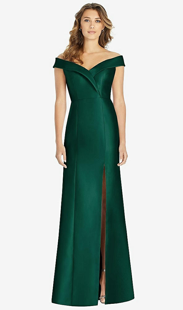 【STYLE: D760】Off-the-Shoulder Cuff Trumpet Gown with Front Slit【COLOR: Hunter Green】