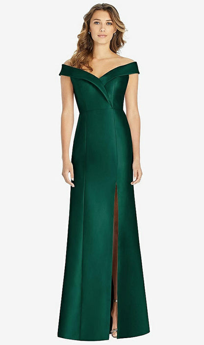 【STYLE: D760】Off-the-Shoulder Cuff Trumpet Gown with Front Slit【COLOR: Hunter Green】